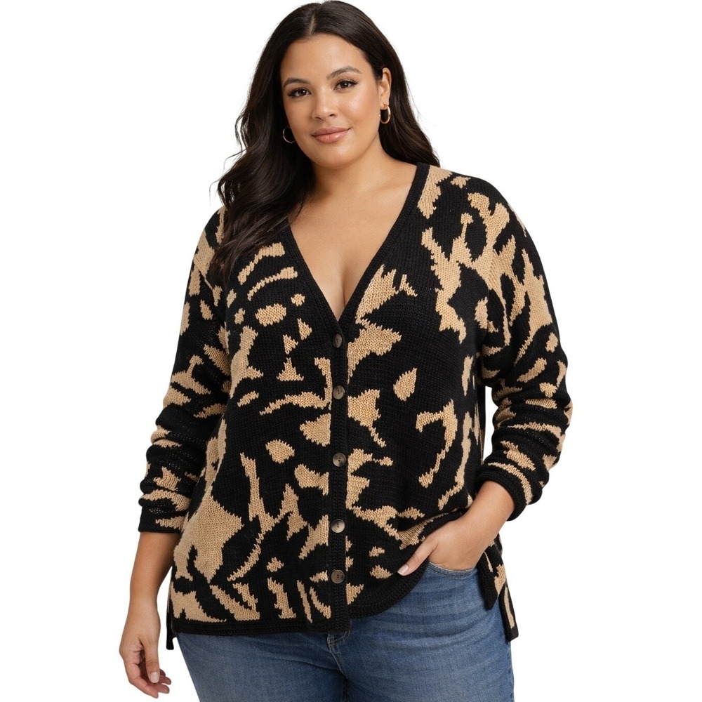 Peruvian Connection Women  Sweater Victorian Leaf Black Tan Abstract Pima Cotton